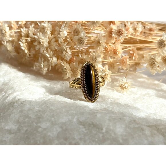 Tiger's Eye Oval Vermeil Overlay 925 Sterling Silver Vintage Ring - sz 6.75 - Picture 7 of 12